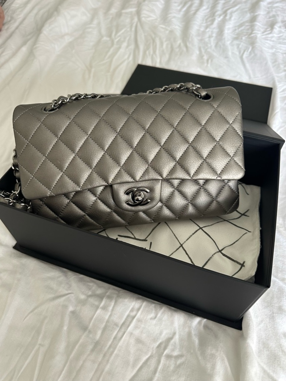 Like new Chanel medium classic flap Ruthenium!